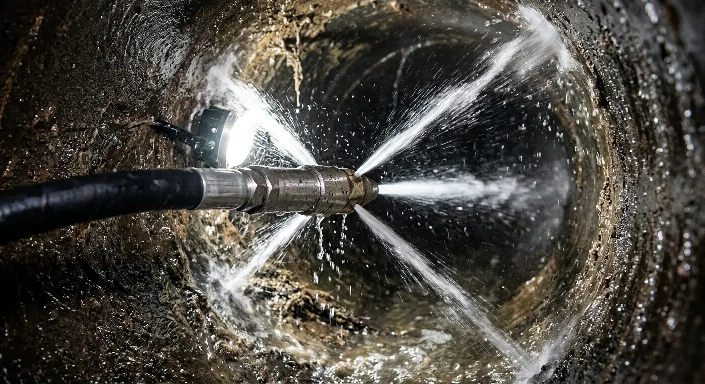 High-pressure hydro jetting nozzle cleaning sewer pipe for Emergency Drain Service in Phillipsburg