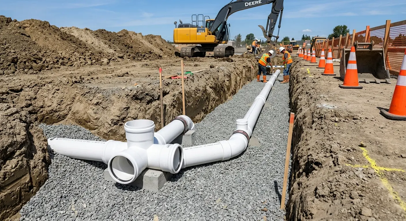 New PVC sewer pipe installation in open trench for Grease Trap Cleaning in Phillipsburg