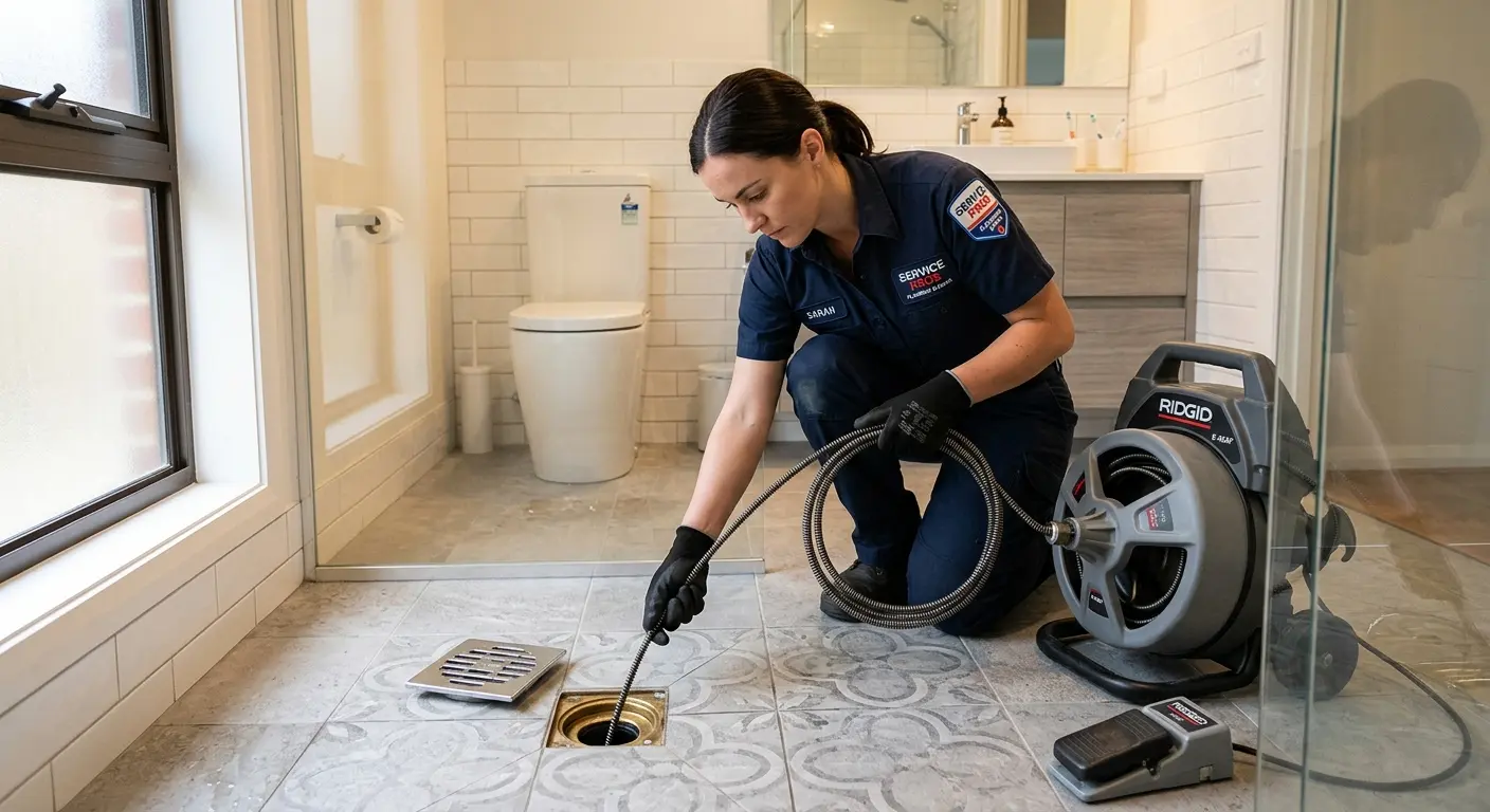 Technician clearing a bathroom floor drain for Sewer Line Replacement in Phillipsburg